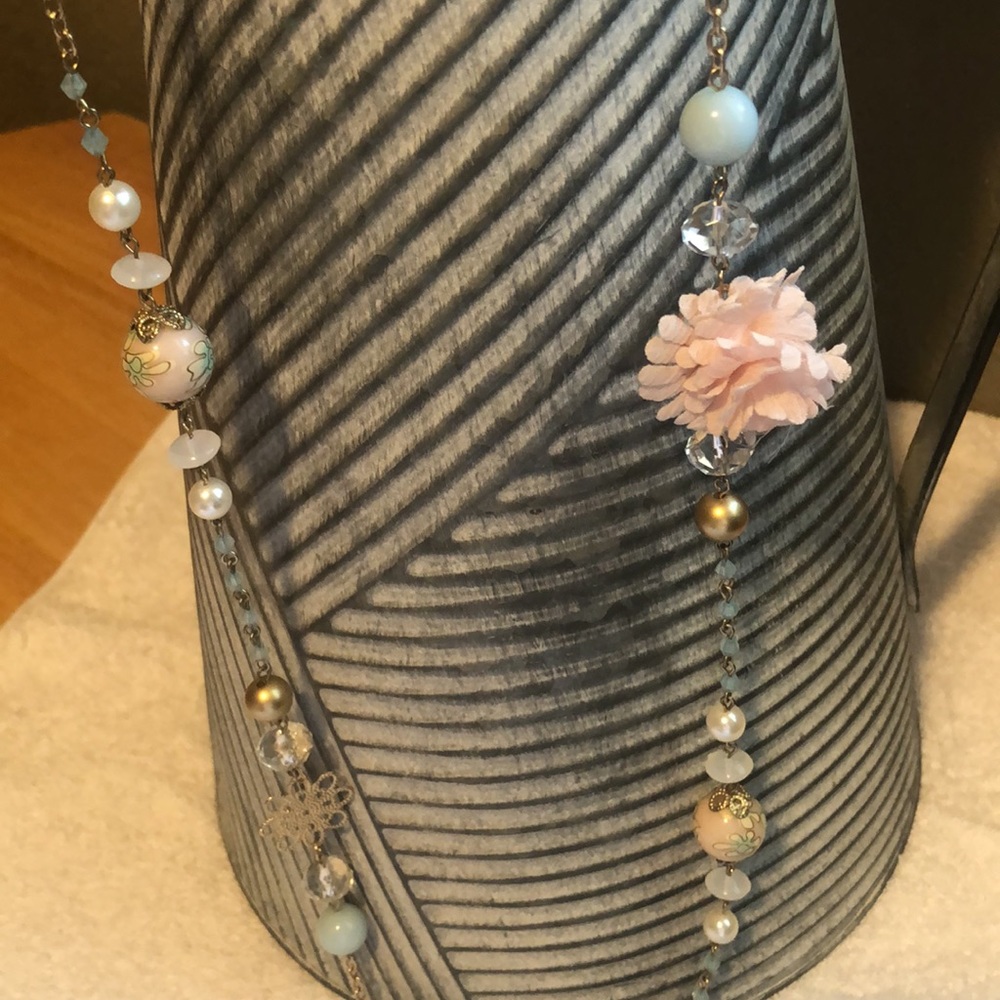 Dainty pastel springtime necklace. Pink flower, painted flower & crystal beads